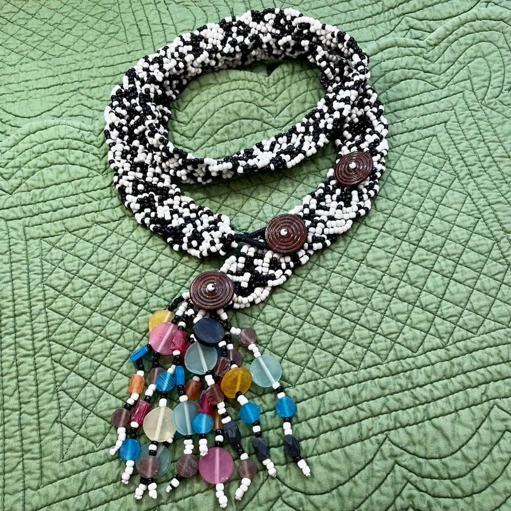Boho Hand Beaded / Braided Belt, Enameled Button Closures(s), Colorful Fringe